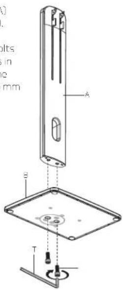 Technical diagram of a device with labeled components A, B, and T, including a circular component and a screw base.
