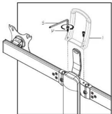 Technical diagram showing mechanical assembly with labeled parts S, P, and J, including a bracket and mounting bracket.
