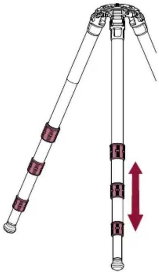 Diagram of a tripod-mounted device with red directional arrows indicating vertical movement (no text or symbols)