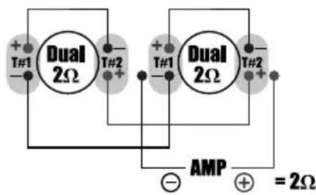 + T#1 - Dual 2Ω - T#2 + - T#1 - Dual 2Ω - T#2 + AMP + = 2Ω
