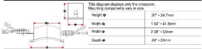 This diagram displays only the crossover. Mounting components vary in size. Height Ø .97" • 24.7mm Width Ø 1.64" • 41.8mm Width Ø 2.08" • 53mm Depth Ø .94" • 24mm