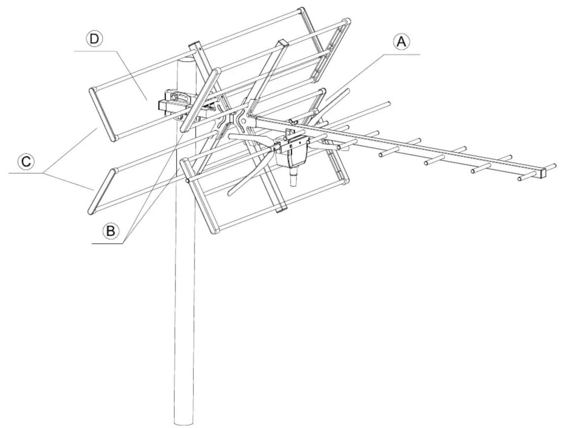 Technical diagram of an antenna structure with labeled components A, B, C, and D