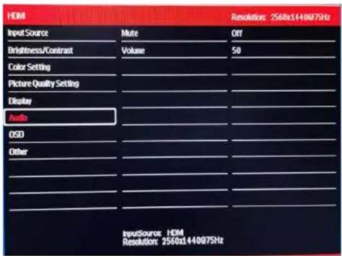 HDMI Input Source Mute Off Brightness/Contrast Volume 50 Color Setting Picture Quality Setting Display Audio OSD Other InputSource: HDM Resolution: 2560x1440@75Hz