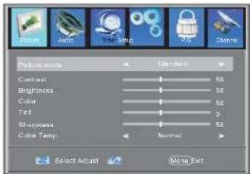 Picture Audio True Setup Photo Change Picture mode Standard Contrast 50 Brightness 50 Color 50 Tet 0 Sharpness 50 Color Temp Normal Select Adjust Move Exit