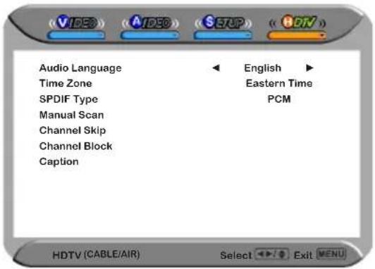 MAG MA-32EF1ASP - The HDTV menu includes the following options: - 1