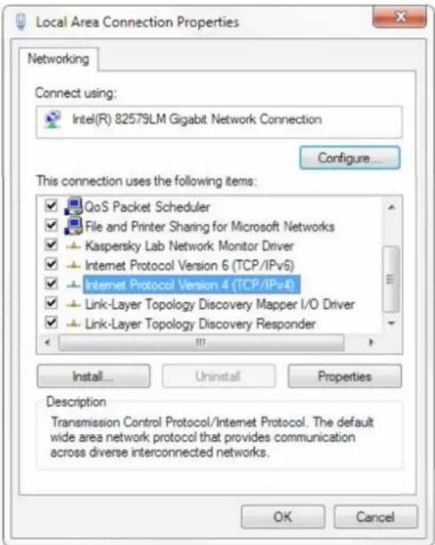 Local Area Connection Properties Networking Connect using: Intel(R) 82579LM Gigabit Network Connection Configure... This connection uses the following items: ✓ QoS Packet Scheduler ✓ File and Printer Sharing for Microsoft Networks ✓ Kaspersky Lab Network Monitor Driver ✓ Internet Protocol Version 6…