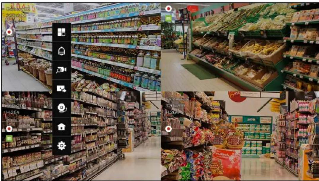 Composite image showing supermarket interior with supermarket shelves, product displays, and camera interface overlays with price tags and icons.