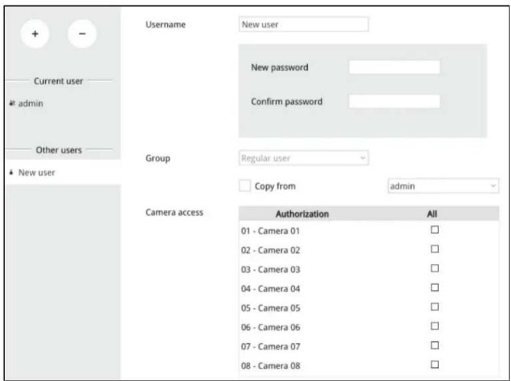 + - Username New user Current user admin New password Confirm password Other users New user Group Regular user Copy from admin Camera access Authorization All 01 - Camera 01 □ 02 - Camera 02 □ 03 - Camera 03 □ 04 - Camera 04 □ 05 - Camera 05 □ 06 - Camera 06 □ 07 - Camera 07 □ 08 - Camera 08 □