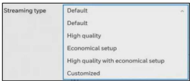 Streaming type Default Default High quality Economical setup High quality with economical setup Customized