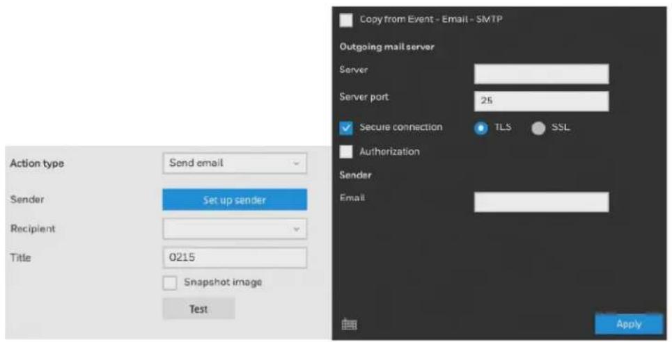 Copy from Event - Email - SMTP Outgoing mail server Server Server port 25 Secure connection TLS SSL Authorization Sender Email Action type Send email Sender Set up sender Recipient Title 0215 Snapshot image Test Apply