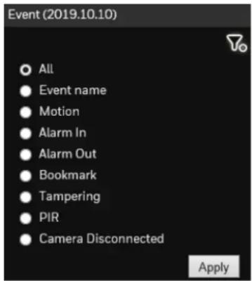 Event (2019.10.10) All Event name Motion Alarm In Alarm Out Bookmark Tampering PIR Camera Disconnected Apply
