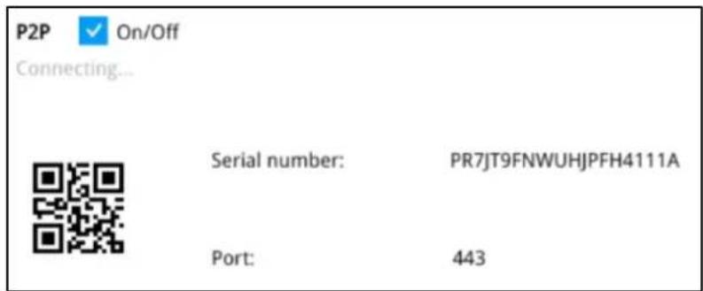 P2P ✓ On/Off Connecting... Serial number: PR7JT9FNWUHJPFH4111A Port: 443