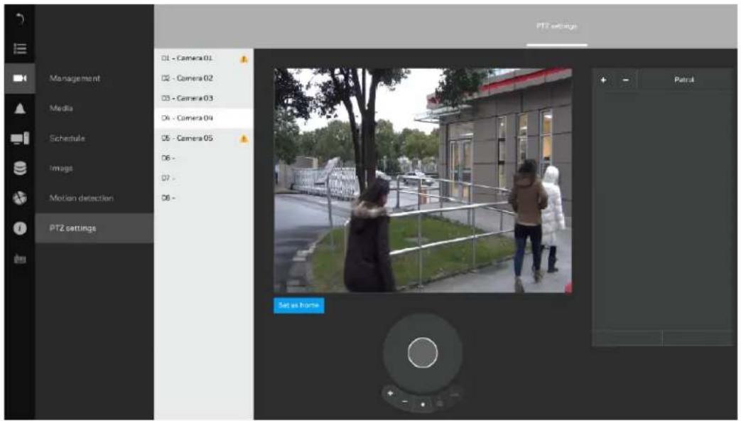 PTZ settings Management Media Schedule Image Motion detection PTZ settings 01 - Camera 01 02 - Camera 02 03 - Camera 03 04 - Camera 04 05 - Camera 05 06 - 07 - 08 - Set as home Patrol