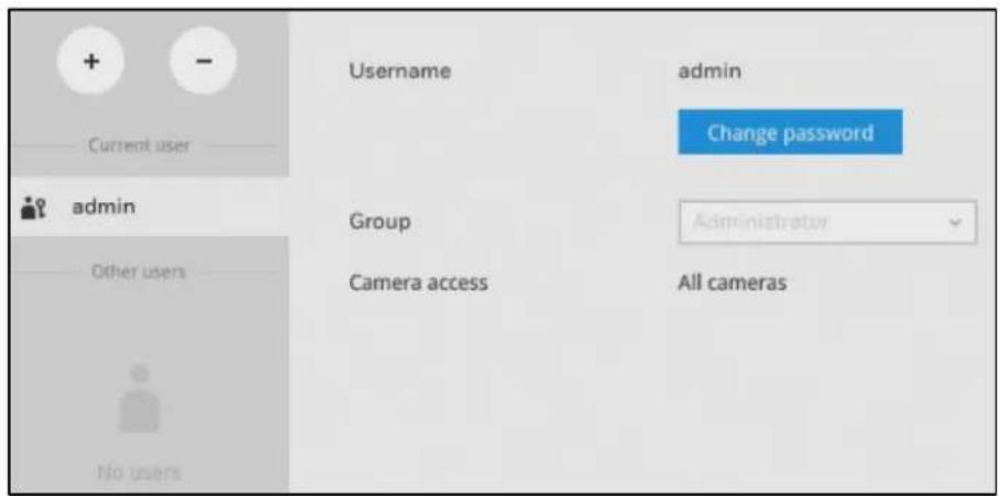 + - Current user admin Group Camera access admin Change password Administrator All cameras No users