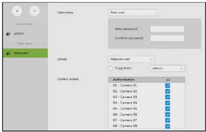 Username New user New password Confirm password Group Regular user Copy from admin Camera access Authorization All 01 - Camera 01 ✓ 02 - Camera 02 ✓ 03 - Camera 03 ✓ 04 - Camera 04 ✓ 05 - Camera 05 ✓ 06 - Camera 06 ✓ 07 - Camera 07 ✓ 08 - Camera 08 ✓