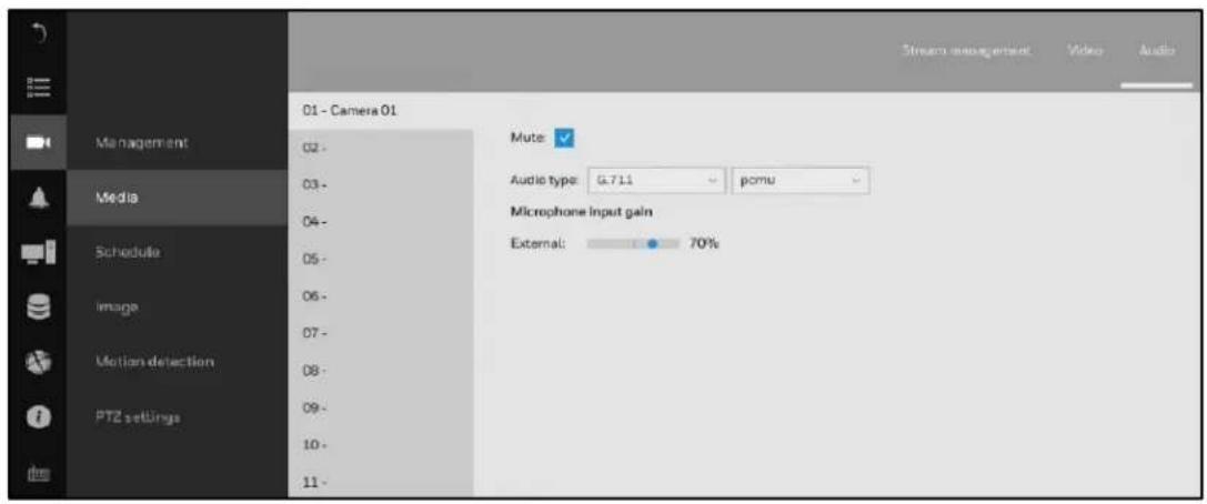 Stream management Video Audio 01 - Camera 01 Mute: Audio type: 0.711 pomu Microphone Input gain External: 70% 02 - 03 - 04 - 05 - 06 - 07 - 08 - 09 - 10 - 11 -