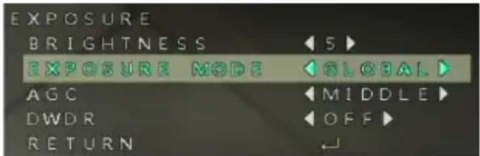 EXPOSURE BRIGHTNESS ◀ 5 ► EXPOSURE MODE ◀ GLOBAL ► AGC ◀ MIDDLE ► DWDR ◀ OFF ► RETURN ↙