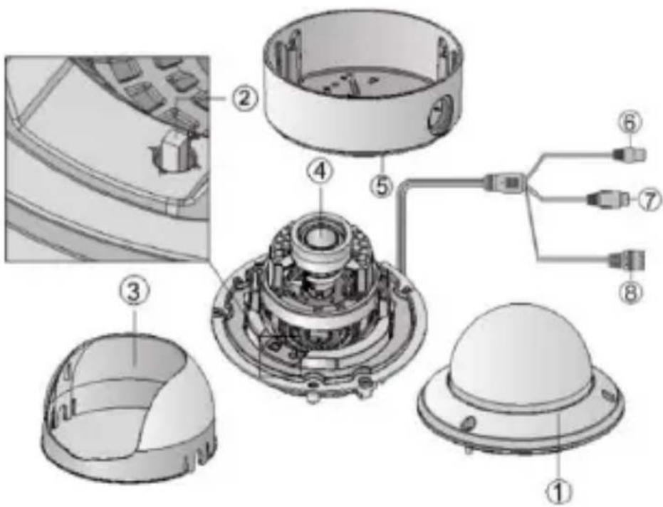 Exploded view diagram of a mechanical assembly with numbered parts and exploded views