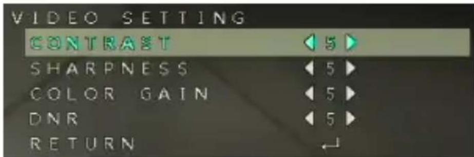 VIDEO SETTING CONTRAST ◀ 5 ▶ SHARPNESS ◀ 5 ▶ COLOR GAIN ◀ 5 ▶ DNR ◀ 5 ▶ RETURN ↙