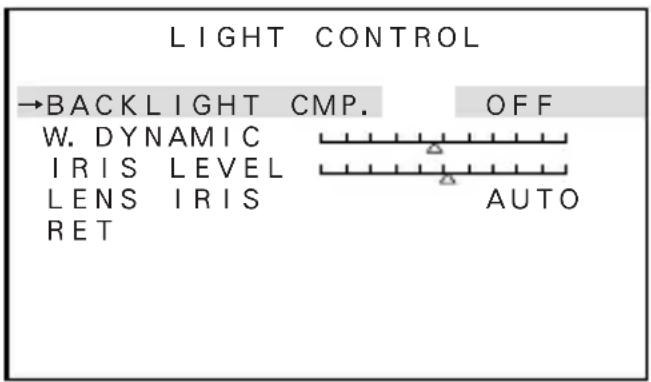 LIGHT CONTROL →BACKLIGHT CMP. OFF W. DYNAMIC IRIS LEVEL LENS IRIS AUTO RET