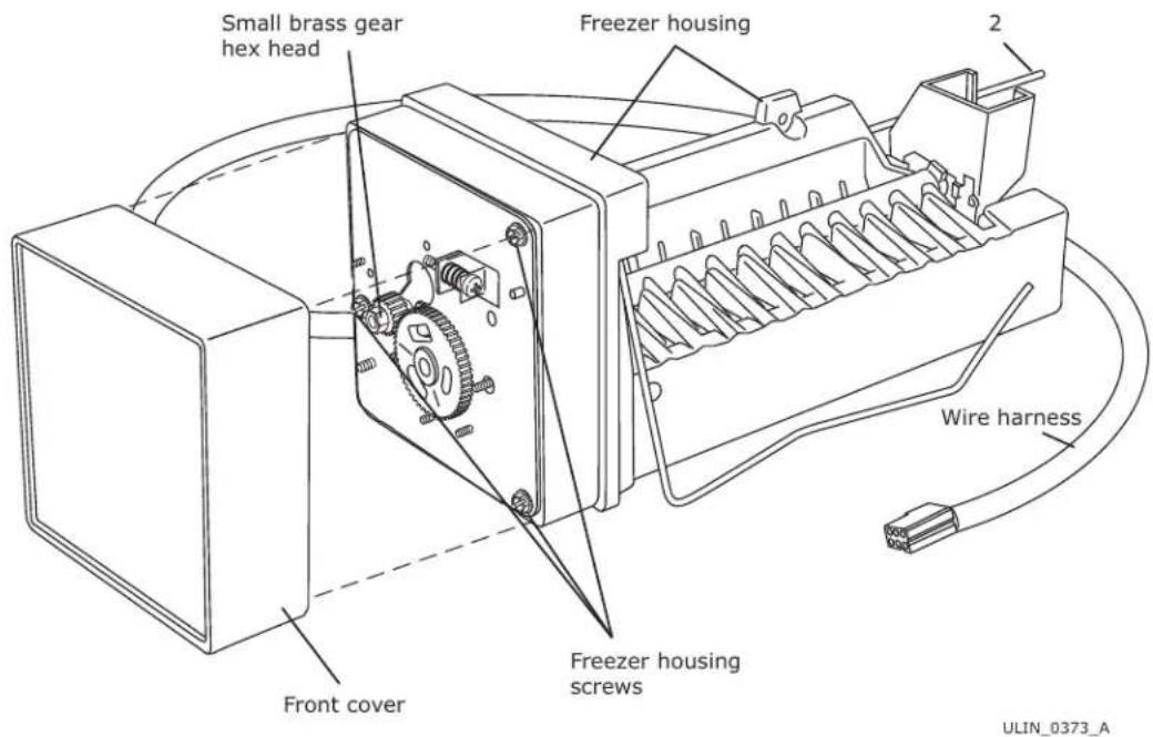 Small brass gear hex head Freezer housing 2 Wire harness Front cover Freezer housing screws ULIN_0373_A