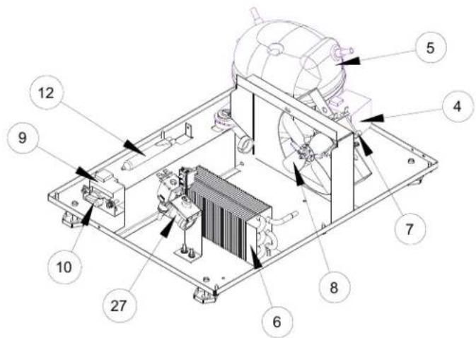 Technical diagram of an industrial cooling unit with numbered components for identification