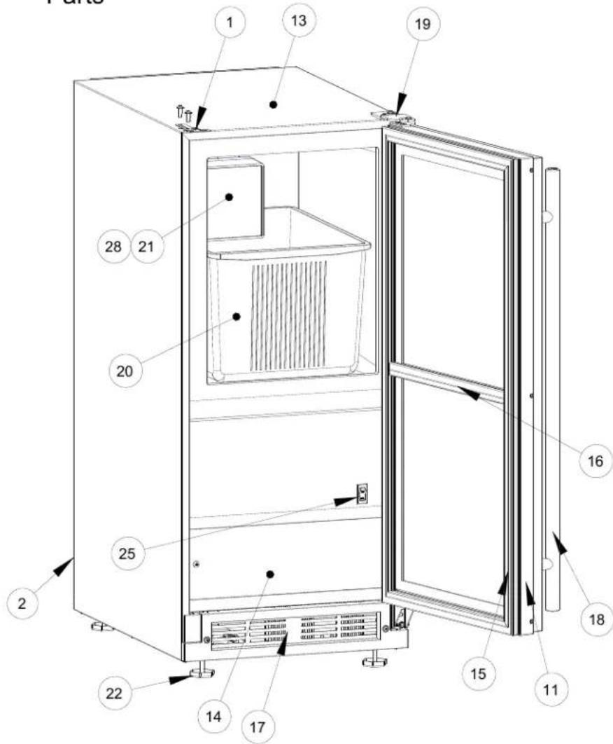 Technical diagram of a refrigerator with numbered components for identification and assembly reference.