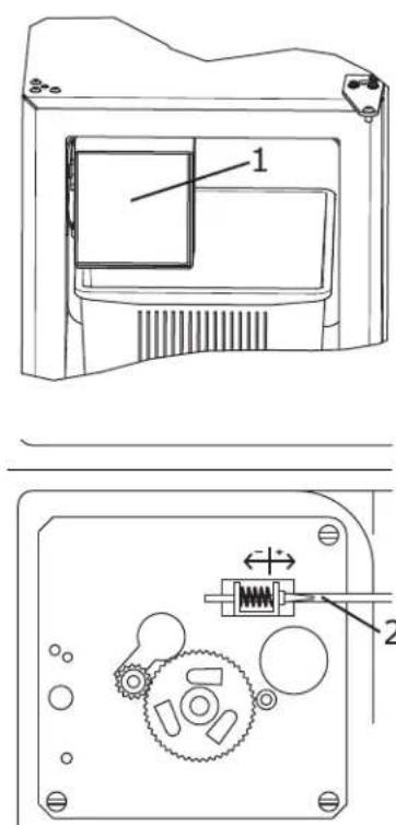 Technical diagram showing two views of a device casing with labeled components and internal mechanisms.