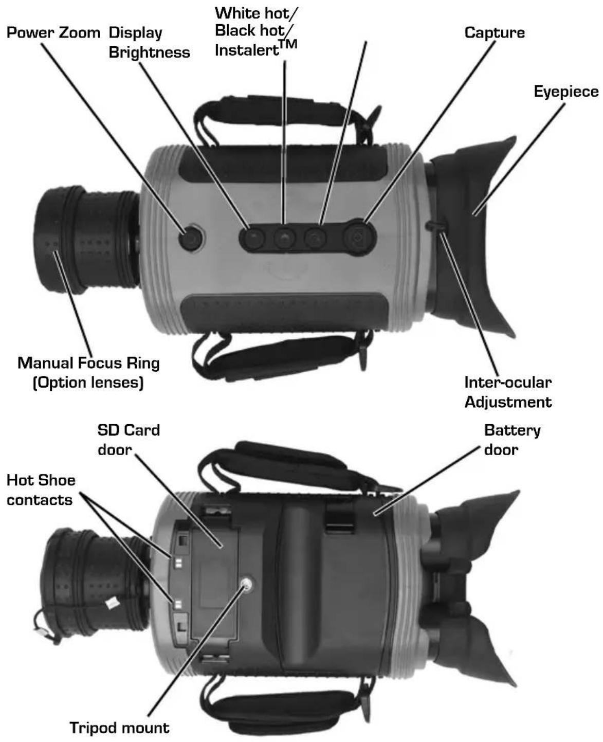 Power Zoom Display Brightness White hot/ Black hot/ Instalert™ Capture Eyepiece Manual Focus Ring (Option lenses) Inter-ocular Adjustment SD Card door Battery door Hot Shoe contacts Tripod mount