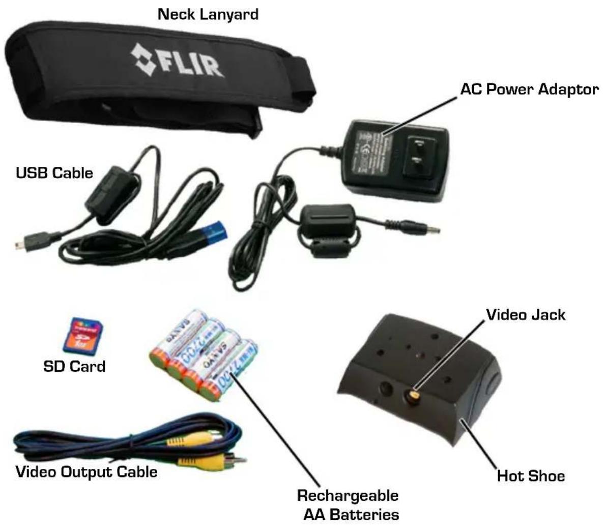 Neck Lanyard FLIR AC Power Adaptor USB Cable Video Jack SD Card Video Output Cable Rechargeable AA Batteries Hot Shoe
