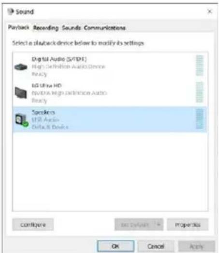 Sound Playback Recording Sounds Communications Select a plaitback device below to modify its settings Digital Audio (S/FDT) High Definition Audio Device Ready LG Ultra HD NVDA High Definition Audio Ready Sounders USB Audio Default Devices Configure OK Cancel Apply Properties