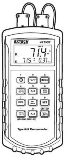EXTECH 421502 71.4 T 71.5 T 0.37 K K 1 2 3 ① °C/°F HOLD 4 5 6 T1 T2 K/J MIN MAX T1-T2 T1-T3 MAX 7 8 9 REL Sel Minu SET - 0 ENTER T1 T2 K/J H/Le Limits (SECOND DISPLAY) Type K/J Thermometer