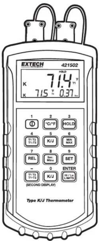 EXTECH 421502 7.14 T1 7.15 T3 0.37 sec HOLD K K 1 2 3 ① °C/°F HOLD 4 5 6 T1 T2 K/J MIN T1-T2 MAX 7 8 9 REL Sec. Minu SET - 0 ENTER T1 T2 K/J Hi / Lo T1-T2 LIMITS (SECOND DISPLAY) Type K/J Thermometer