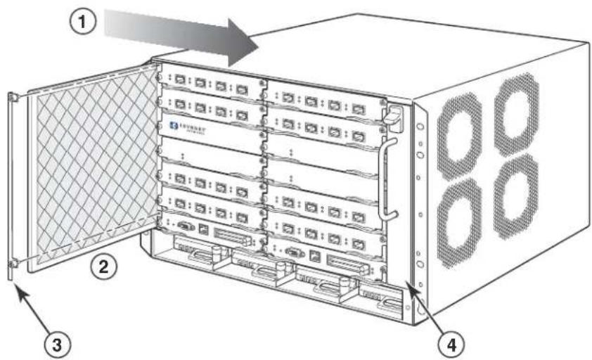 Diagram of an internal server rack with labeled components and directional arrows indicating assembly or movement.