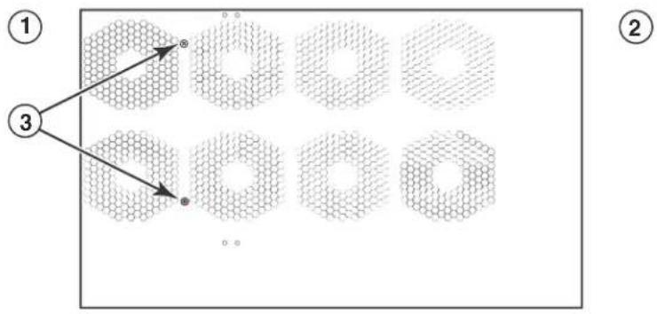 Diagram showing three labeled hexagonal patterns with arrows pointing to specific cells, likely illustrating a geometric or physical concept.