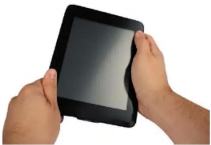 Close-up of two hands holding a black tablet device (no visible text or symbols)