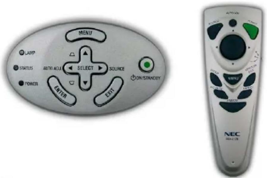 MENU LAMP STATUS AUTO ADJ SELECT SOURCE ON/STANDEY POWER ENTER EXIT AUTO ADJ CONTROL MENU AC/AMF AUTOC NEC POWER