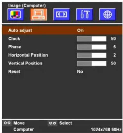 Image (Computer) Auto adjust On Clock 50 Phase 5 Horizontal Position 2 Vertical Position 50 Reset No Move Select Computer 1024x768 60Hz