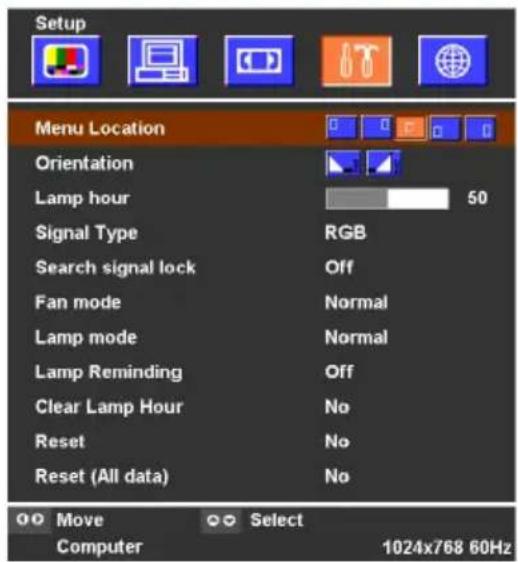 Setup Menu Location Orientation Lamp hour 50 Signal Type RGB Search signal lock Off Fan mode Normal Lamp mode Normal Lamp Reminding Off Clear Lamp Hour No Reset No Reset (All data) No Move Select Computer 1024x768 60Hz