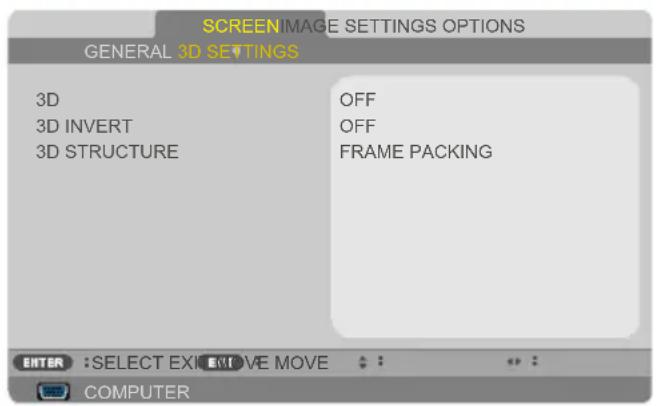 SCREENIMAGE SETTINGS OPTIONS GENERAL 3D SETTINGS 3D OFF 3D INVERT OFF 3D STRUCTURE FRAME PACKING ENTER :SELECT EXE MOVE MOVE COMPUTER