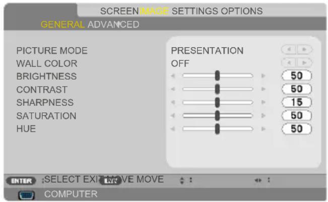 SCREENIMAGE SETTINGS OPTIONS GENERAL ADVANCED PICTURE MODE WALL COLOR BRIGHTNESS CONTRAST SHARPNESS SATURATION HUE PRESENTATION OFF 50 50 15 50 50 ENTER :SELECT EXIT MOVE MOVE COMPUTER