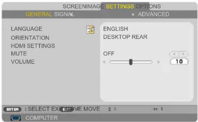 SCREENIMAGE SETTINGS OPTIONS GENERAL SIGNAL ADVANCED LANGUAGE ORIENTATION HDMI SETTINGS MUTE VOLUME ENGLISH DESKTOP REAR OFF 10 ENTER : SELECT EXTRIVE MOVE COMPUTER