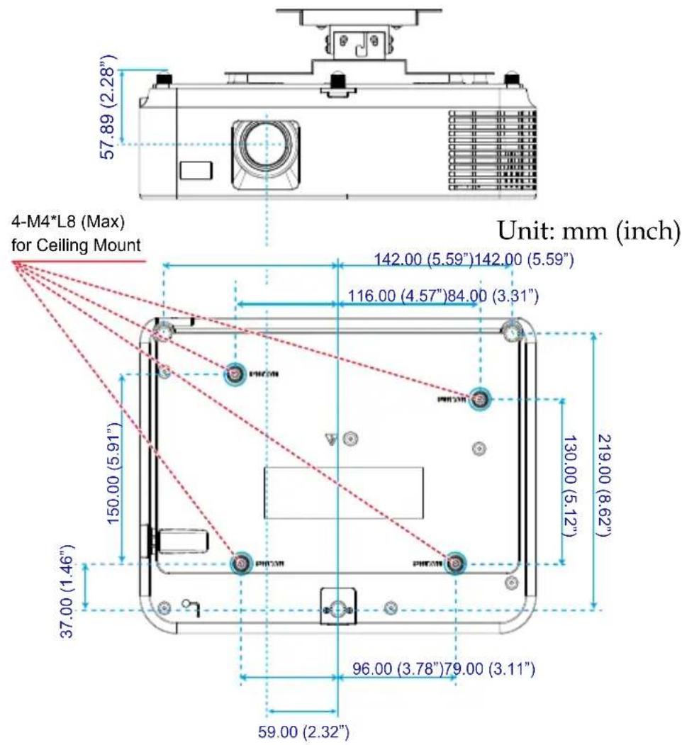 4-M4*L8 (Max) for Ceiling Mount Unit: mm (inch) 57.89 (2.28") 142.00 (5.59")142.00 (5.59") 116.00 (4.57")84.00 (3.31") PHOON PHOON PHOON 150.00 (5.91") 130.00 (5.12") 219.00 (8.62") 37.00 (1.46") 96.00 (3.78")79.00 (3.11") 59.00 (2.32")