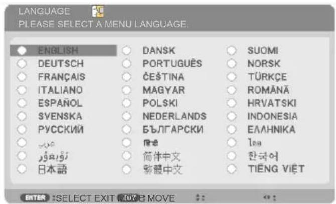 LANGUAGE PLEASE SELECT A MENU LANGUAGE. ENGLISH DEUTSCH FRANÇAIS ITALIANO ESPAÑOL SVENSKA PYCCKIÑ 日本語 DANSK PORTUGUÊS ČEŠTINA MAGYAR POLSKI NEDERLANDS БЪЛГАРСКИ 简体中文 繁體中文 SUOMI NORSK TÜRKÇE ROMÂNÃ HRVATSKI INDONESIA ЕЛАННИКА Íns 한국어 TIĚNG VIỆT BITER :SELECT EXIT MOVE MOVE