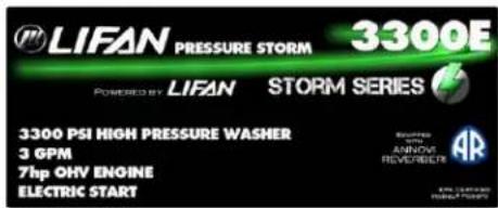 LIFAN PRESSURE STORM 3300E POWERED BY LIFAN STORM SERIES 3300 PSI HIGH PRESSURE WASHER 3 GPM 7hp OHV ENGINE ELECTRIC START