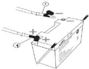 Diagram showing electrical connections to a battery with labeled terminals and polarity indicators