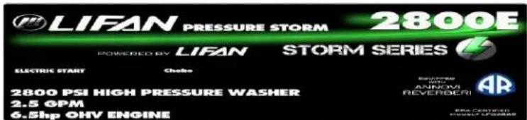 LIFAN PRESSURE STORM 2800E POWERED BY LIFAN STORM SERIES ELECTRIC START Check 2800 PSI HIGH PRESSURE WASHER 2.5 OPM 6.5hp OHV ENGINE
