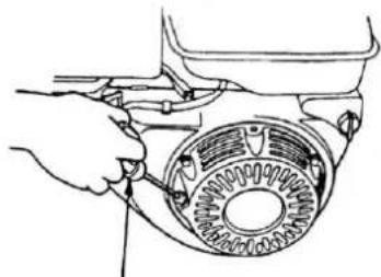 Line drawing of a hand adjusting a circular mechanical component with a screwdriver (no text or symbols)