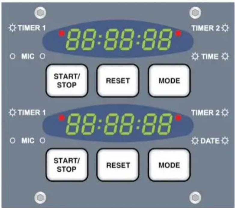 TIMER 1 88:88:88 TIMER 2 MIC TIME START/ STOP RESET MODE TIMER 1 88:88:88 TIMER 2 MIC DATE START/ STOP RESET MODE