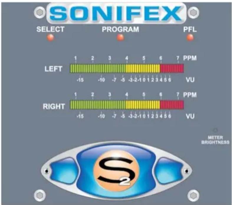 SONIFEX SELECT PROGRAM PFL LEFT 1 2 3 4 5 6 7 PPM -VU RIGHT -15 -10 -7 -5 -3-2-1 0 1 2 3 4 5 6 -VU S2 METER BRIGHTNESS